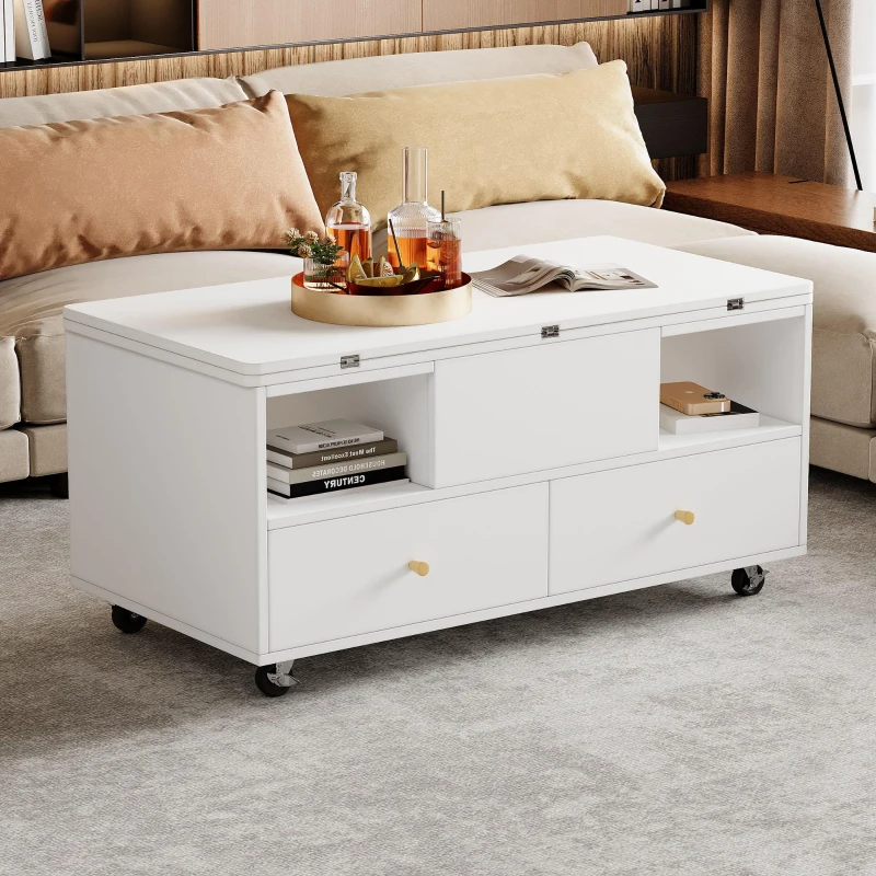 Extendable Lift-Top Coffee Table with Two Lift-Up Tabletops and Castors, Space-Saving Dining Table with four drawers, 100L x 50W x 47.5H cm, White
