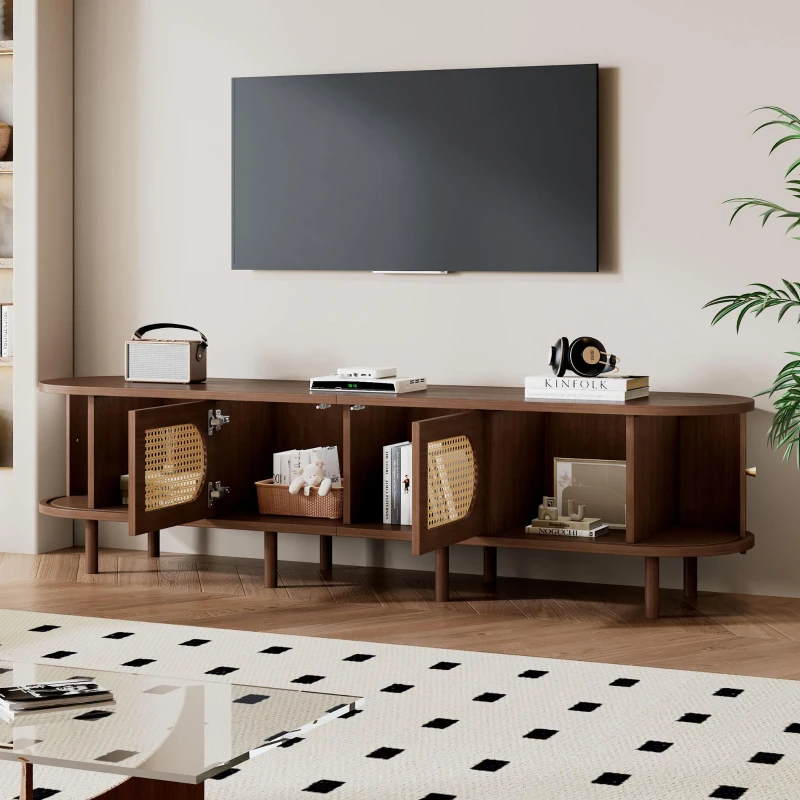 Stylish Oval TV Cabinet with Rattan-Style Fronts, Sturdy Lowboard with 30 kg Load Capacity, 180L x 40W x 40H cm, Walnut