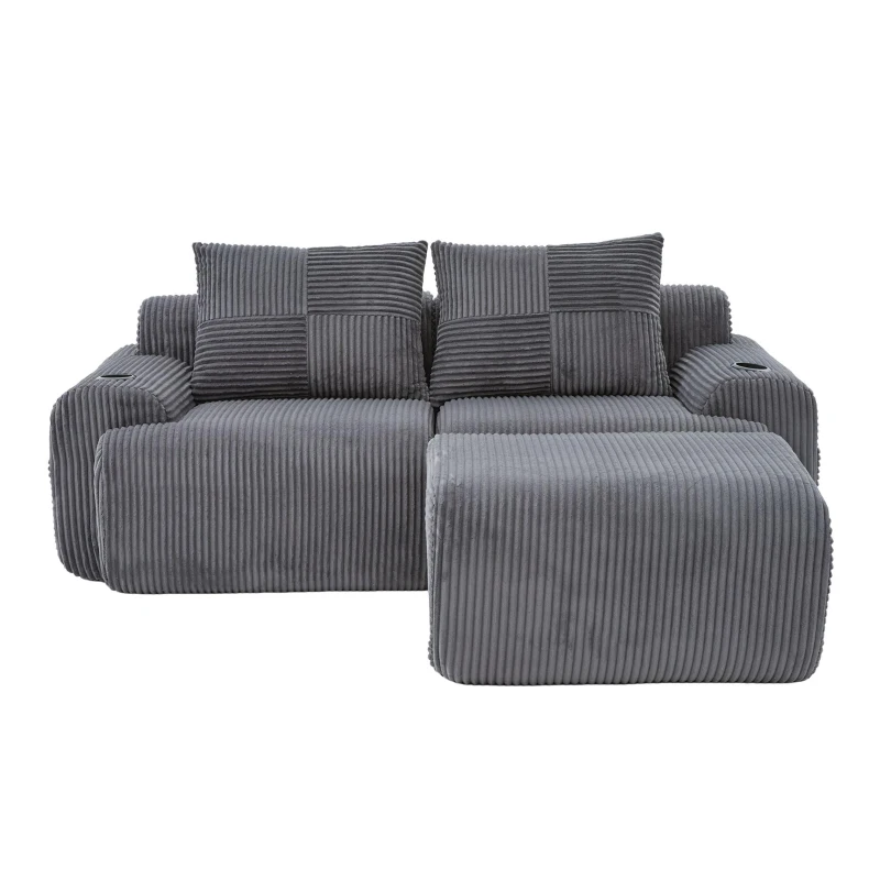 Modular 2-Seater Sofa with Foam-Filled Plush Seats, Dark Grey Corduroy Couch with Built-In Cup Holder, 200L x 174W x 80H cm, Dark Gray