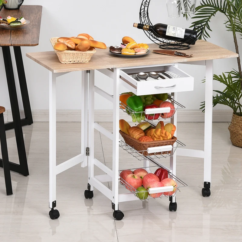 HOMCOM Küchenwagen faltbar Rollwagen Servierwagen Schublade mit 3 Körben 6 Universal-Rollen für Küchen Natur+Weiß 97,2 x 37 x 77,5 cm