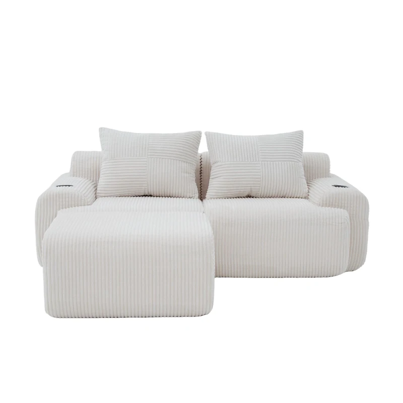 Modular 2-Seater Sofa with Foam-Filled Plush Seats, Beige Corduroy Couch with Built-In Cup Holder, 200L x 174W x 80H cm, Beige