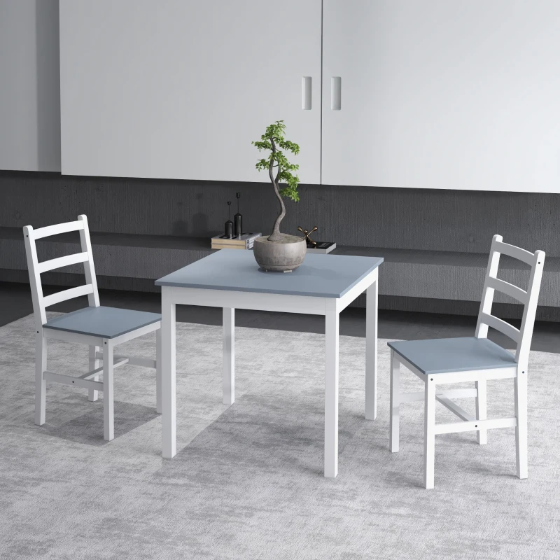 HOMCOM Essgruppe für 2 Personen, 2 Stühle, 1 Tisch, Kiefernholz, Weiß + Grau