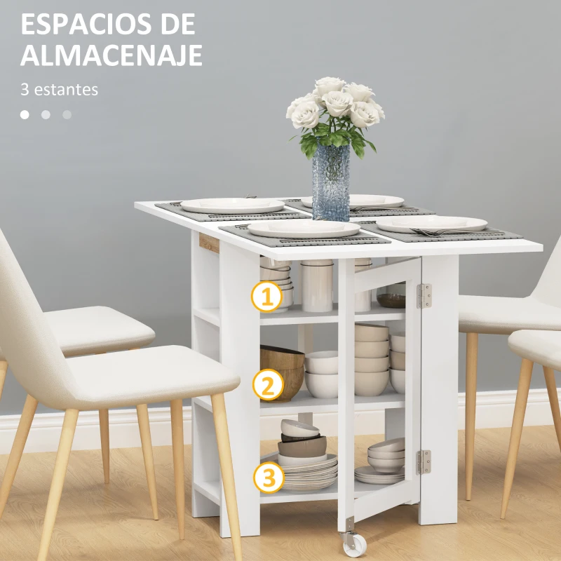 HOMCOM Mesa de Cocina Plegable con Alas Abatibles 2 Ruedas y Estantes Estilo Moderno 120x60x75 cm Blanco