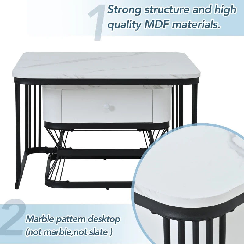 Nesting Coffee Table Set with Open Storage Shelf, Space-Saving Center Table Set with MDF Tops, 70L x 70W x 45H cm, White+Black