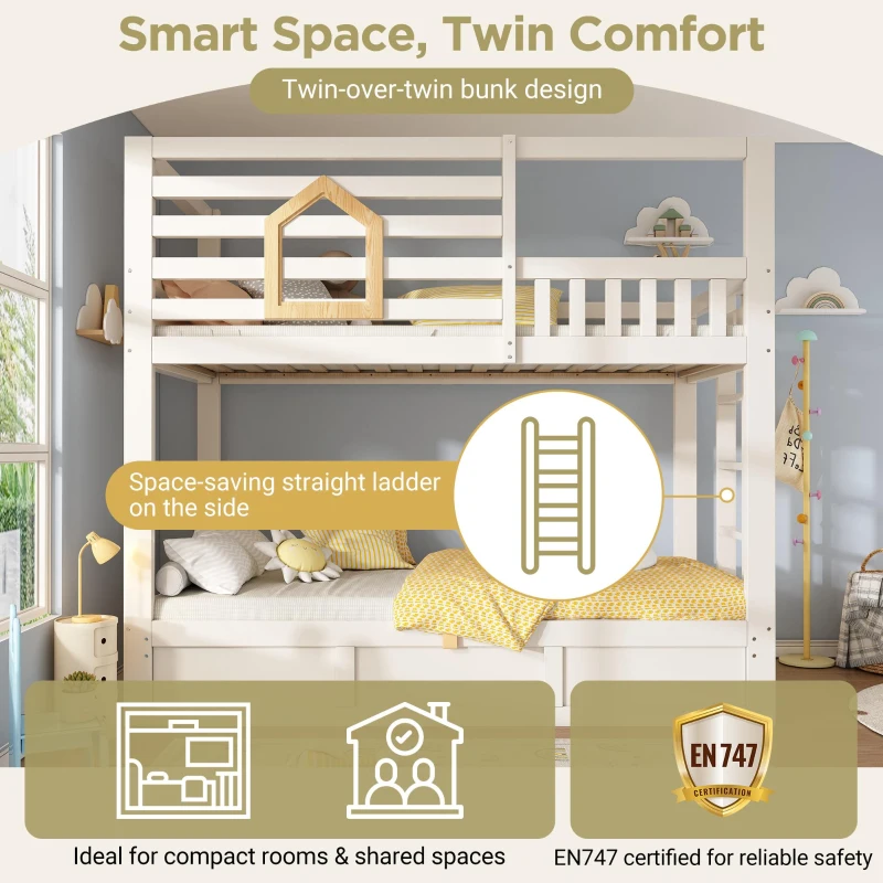 Children's Cabin Bunk Bed with Hydraulic Underbed Storage, Space‑Saving Bed Frame with Integrated Ladder, 200L x 102W x 184H cm, White