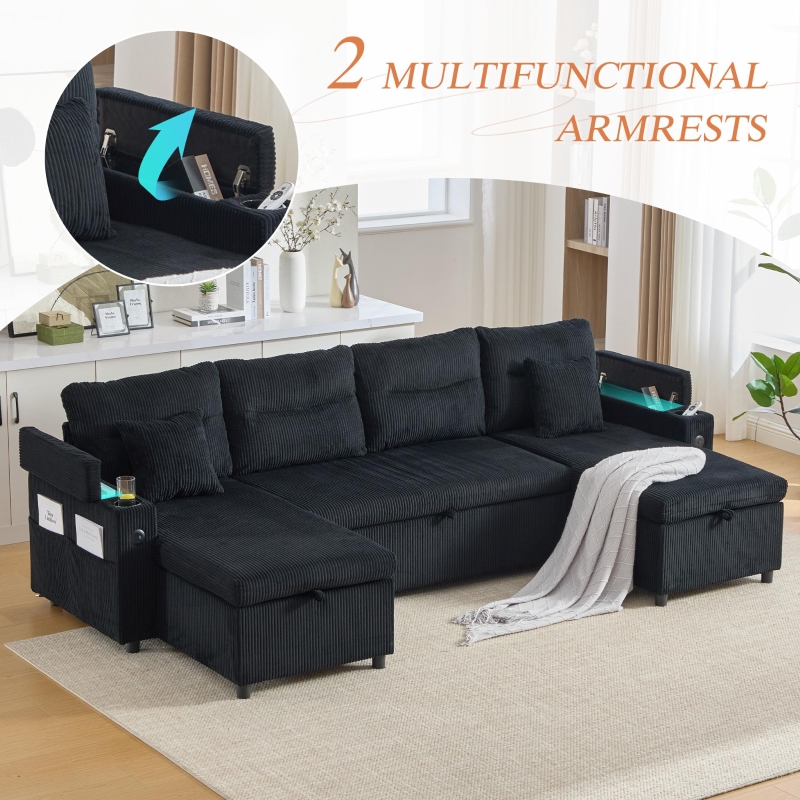 Contemporary 4-Seater Sofa with 2 Chaise Longues, Ribbed Corduroy Couch with Built-In Cup Holders, 272L x 136W x 86H cm, Black
