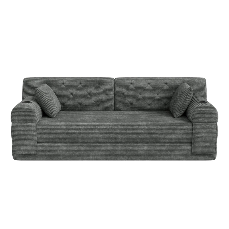 3-Seater Sleeper Sofa with Corduroy High-Back and High-Density Foam, Space-Saving Sofa Bed with 4 Side Pockets, 208L x 80W x 81H cm, Dark Gray