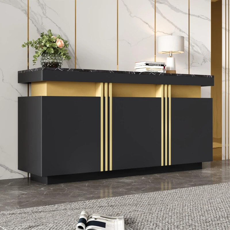 Modern Sideboard with Faux Marble Top and Anti-Tip Fixings, Luxury Storage Unit with Adjustable Shelves, 140L x 38W x 70H cm, Black