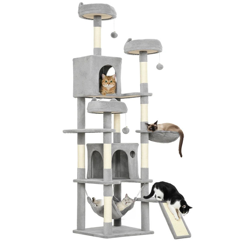PawHut Kratzbaum 192 cm Katzenturm mit Höhle, Sisalstämme, große Plattform, Hängematten Rampe für 2-3 Katzen unter 5 kg