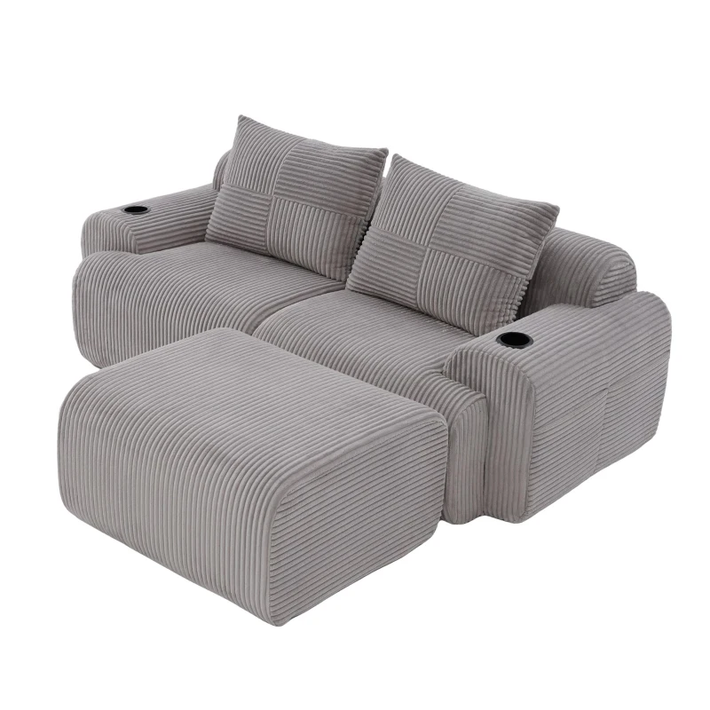 Modular 2-Seater Sofa with Foam-Filled Plush Seats, Light Grey Corduroy Couch with Built-In Cup Holder, 200L x 174W x 80H cm, Light Gray