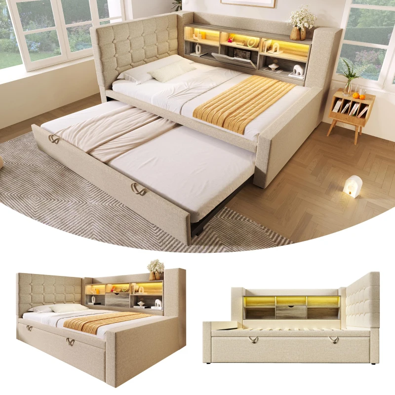 Convertible Daybed Trundle with Clever Storage and Sturdy Frame, Breathable Linen Sofa Bed with Integrated Charging, 204L x 107W x 88H cm, Beige