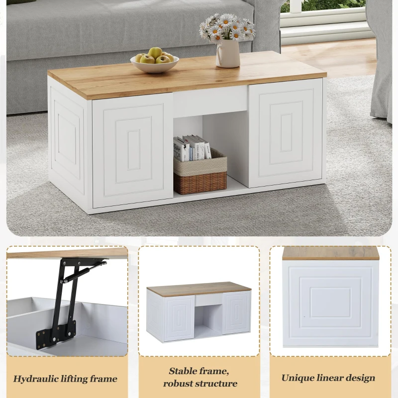 Height-Adjustable Coffee Table with Hydraulic Lift and Divided Shelves, Minimalist Center Table with Rounded Corners, 95L x 46W x 45H cm, White