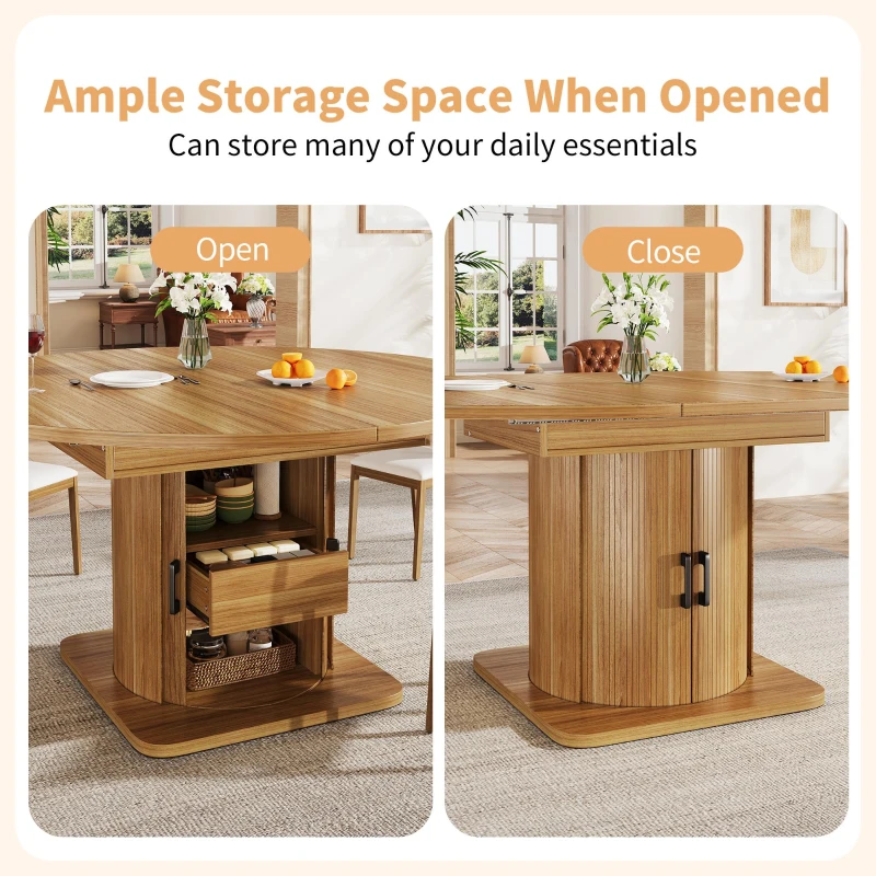 Extendable Dining Table with Space-Saving Round-to-Oval Design, Elegant Convertible Table with Smooth Metal Handle, 118L x 118W x 76H cm, Brown