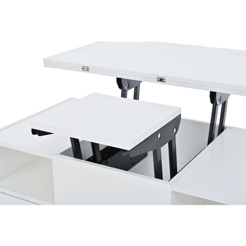 Extendable Lift-Top Coffee Table with Two Lift-Up Tabletops and Castors, Space-Saving Dining Table with four drawers, 100L x 50W x 47.5H cm, White