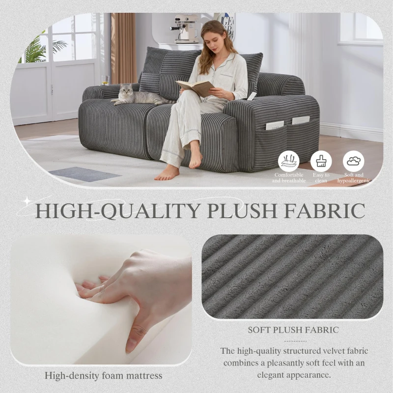 Modular 2-Seater Sofa with Built-In Cup Holder and Side Storage Pocket, Ribbed Corduroy Couch with High-Density Foam, 200L x 99W x 80H cm, Dark Gray
