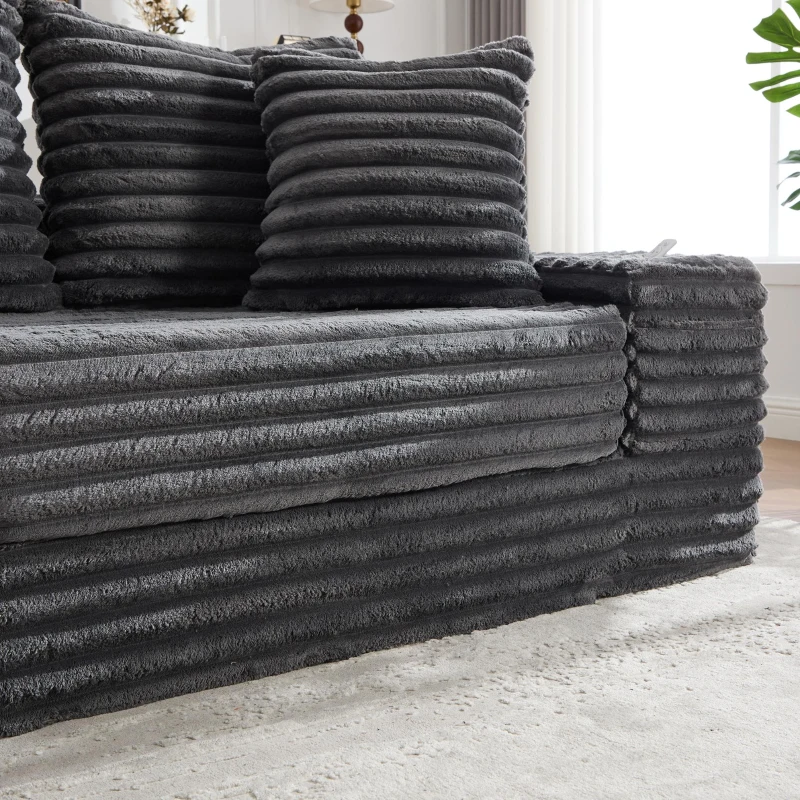 Convertible Sofa Bed with High Backrest and Extra Pillow, Ribbed Corduroy Couch with Dual Side Pockets, 107.5L x 38.5W x 34H cm, Dark Gray