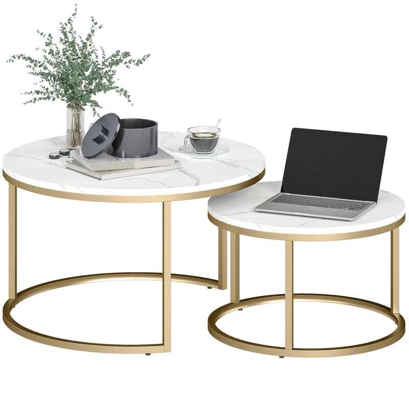 HOMCOM 2er-Set runde Couchtische, stapelbare Beistelltische mit Metallrahmen, Wohnzimmertisch in Marmoroptik, Kaffeetisch, Grau