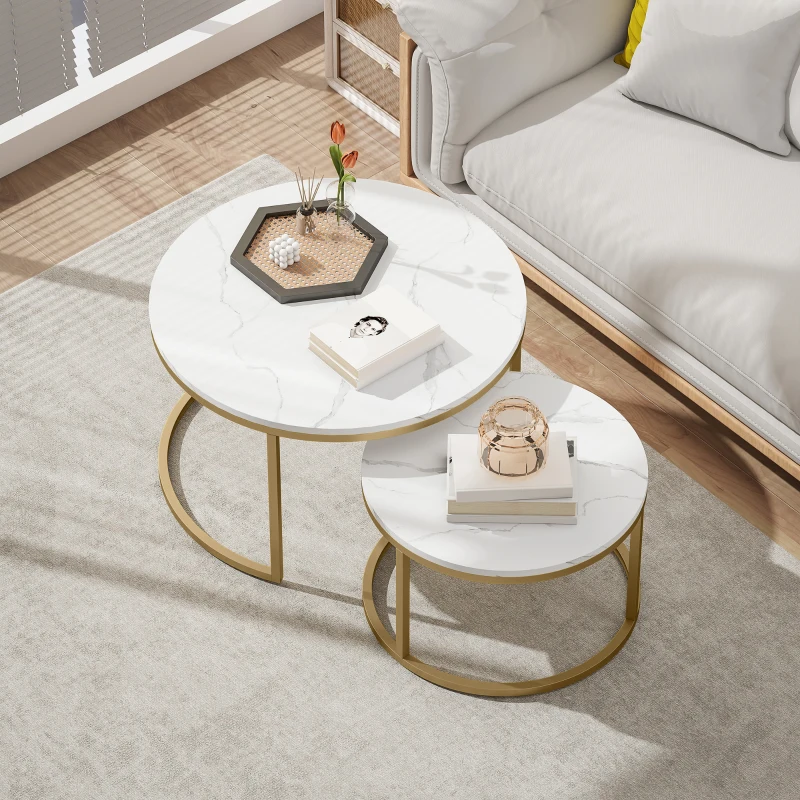 HOMCOM 2er-Set runde Couchtische, stapelbare Beistelltische mit Metallrahmen, Wohnzimmertisch in Marmoroptik, Kaffeetisch, Grau