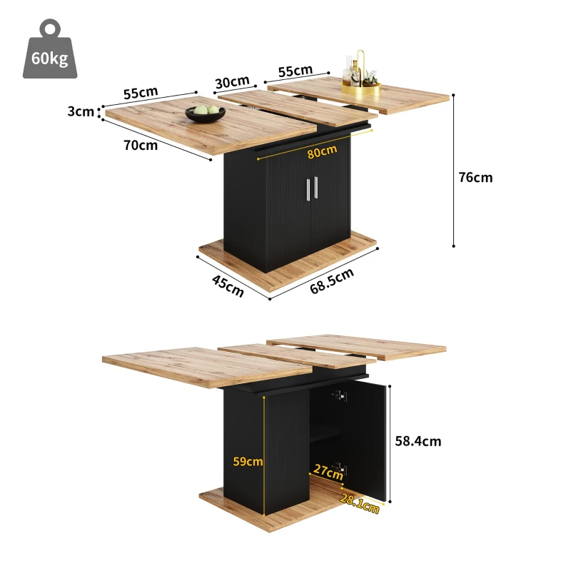 Extendable Dining Table with Space-Saving Telescopic Design, Durable Extension Table with Built-In Storage Shelves, 140L x 70W x 76H cm, Black