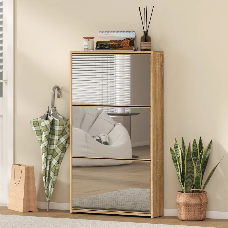 HOMCOM Scarpiera a Specchio con 3 Cassetti a Ribalta per 9 Paia di Scarpe, in Legno, 65x17x114.5 cm, Color Legno