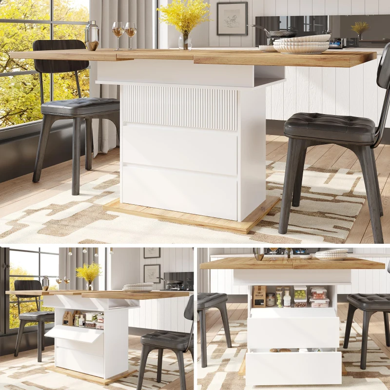 Extendable Dining Table with Hidden Storage, Modern Extension Table with Magnetic Soft-Close, 140L x 80W x 75H cm, White