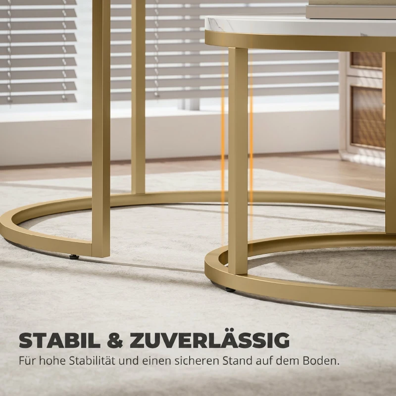 HOMCOM 2er-Set runde Couchtische, stapelbare Beistelltische mit Metallrahmen, Wohnzimmertisch in Marmoroptik, Kaffeetisch, Grau