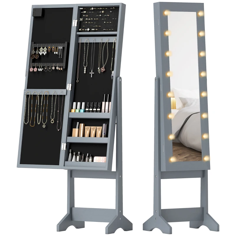 HOMCOM Espejo Joyero con Luces LED Armario para Joyas Armario Joyero de Pie con Espejo Entero Ángulo Ajustable Gris