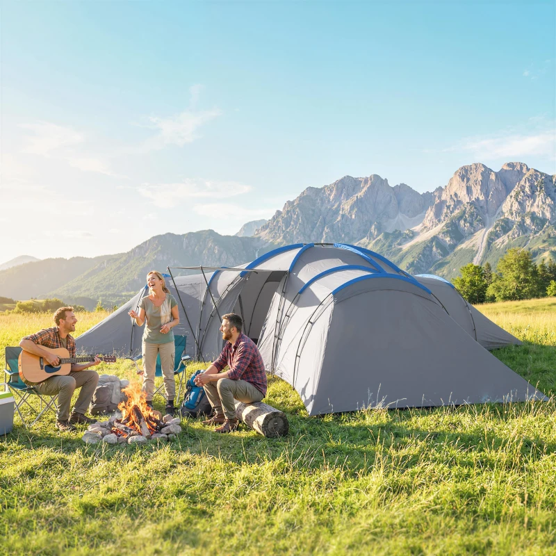 Outsunny 6-9 Man Large Tunnel Tent with 3 Bedrooms, Living Area and Porch, Stand-up Camping Tent, Portable with Bag, Light Grey