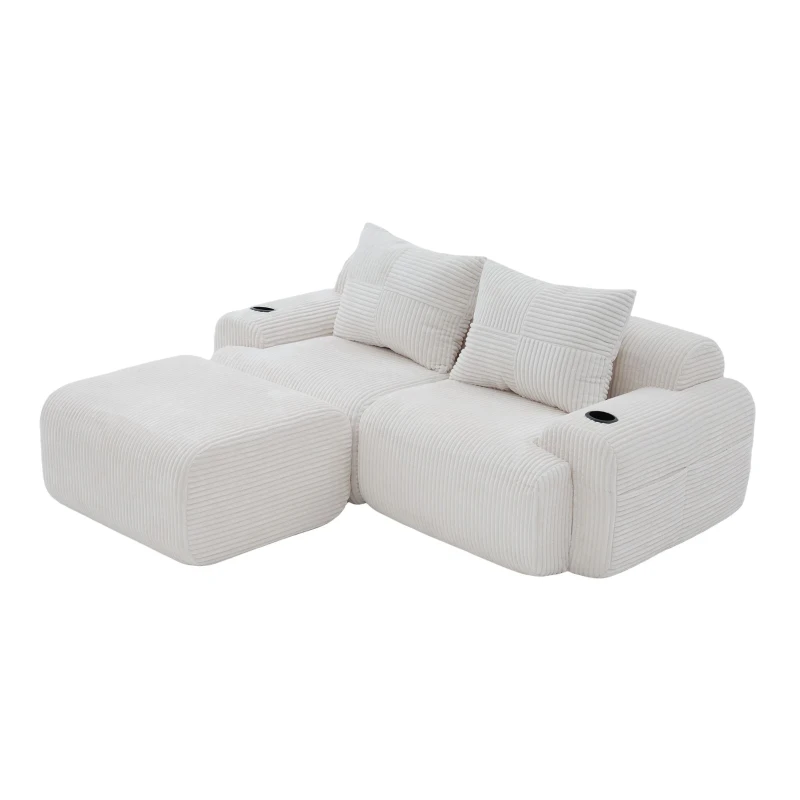 Modular 2-Seater Sofa with Foam-Filled Plush Seats, Beige Corduroy Couch with Built-In Cup Holder, 200L x 174W x 80H cm, Beige
