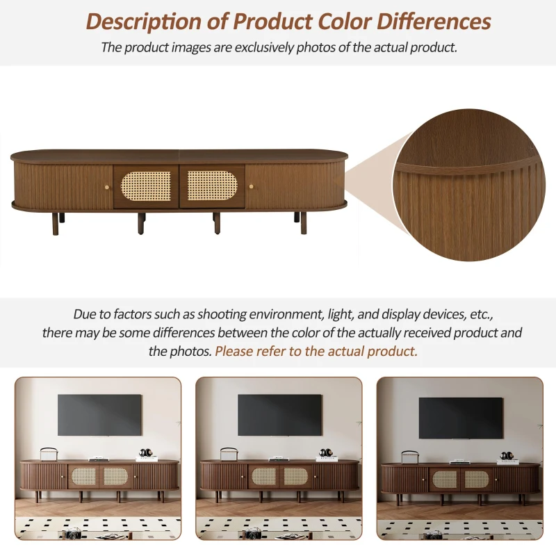 Stylish Oval TV Cabinet with Rattan-Style Fronts, Sturdy Lowboard with 30 kg Load Capacity, 180L x 40W x 40H cm, Walnut