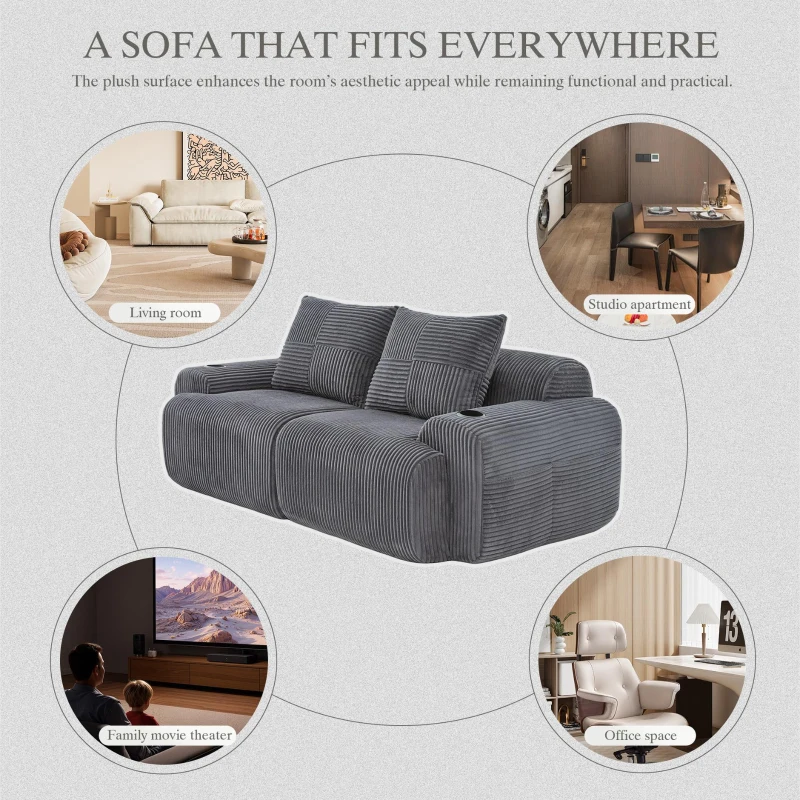 Modular 2-Seater Sofa with Built-In Cup Holder and Side Storage Pocket, Ribbed Corduroy Couch with High-Density Foam, 200L x 99W x 80H cm, Dark Gray