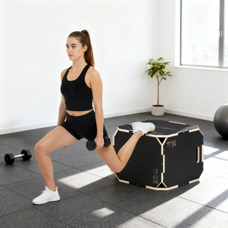 SPORTNOW Sprungbox, kantenfreie Ecken, Sperrholz, höhenverstellbar, Seitengriffe, Schwarz