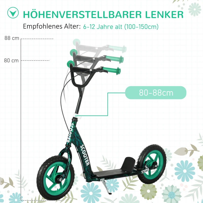 AIYAPLAY Kinderroller, höhenverstellbarer Tretroller für Kinder, mit Bremse, Ständer, 2 Räder, Stahl, Grün