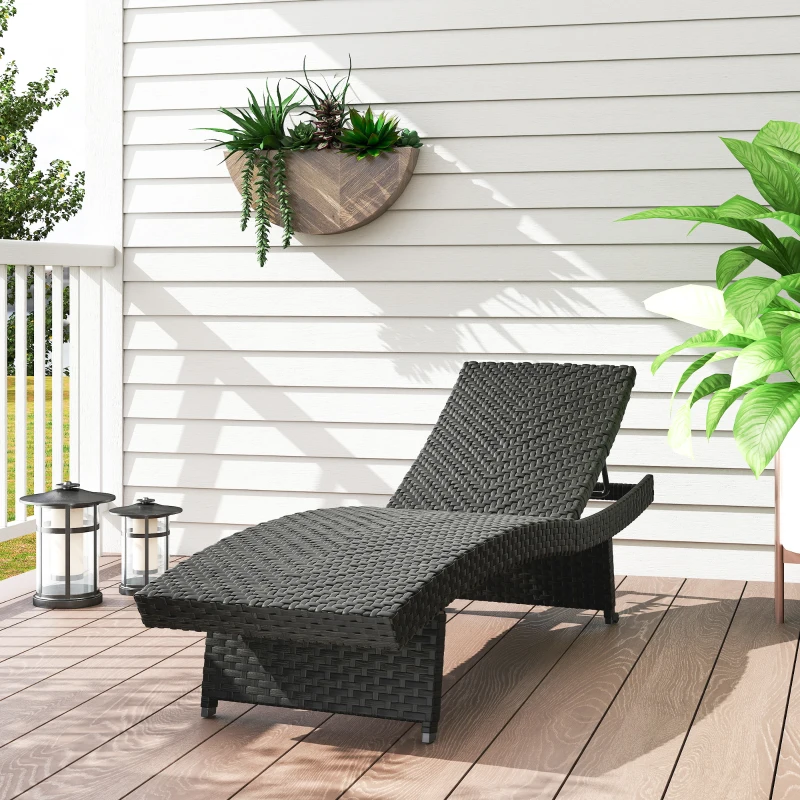 Outsunny Outdoor PE Rattan Sun Lounger, Folding Wicker Garden Lounger Recliner with 4-Level Adjustable Backrest, Rolling Sunbed Lounge Chair with Wheels, Non-Slip Legs for Balcony, Beach, Black