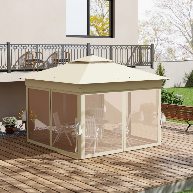 Outsunny Pavillon 3,3x3,3m Wasserabweisend Pop-up Faltpavillon mit LED, Doppeldach, Moskitonetz 4 Seitenteilen Tasche