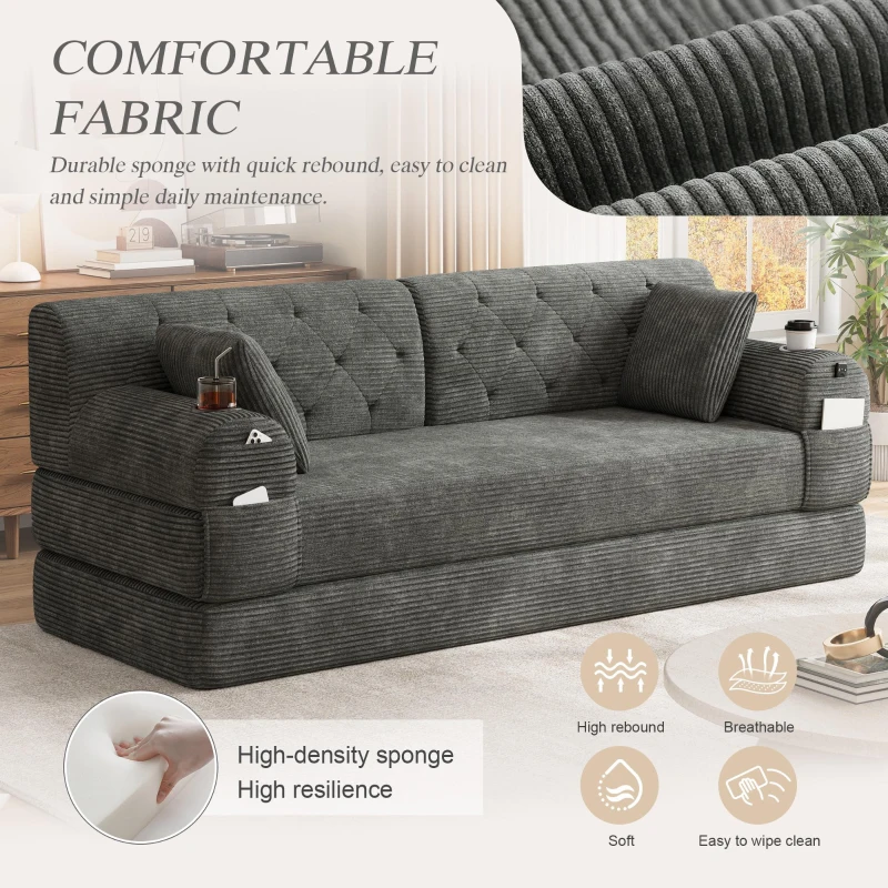 3-Seater Sleeper Sofa with Corduroy High-Back and High-Density Foam, Space-Saving Sofa Bed with 4 Side Pockets, 208L x 80W x 81H cm, Dark Gray