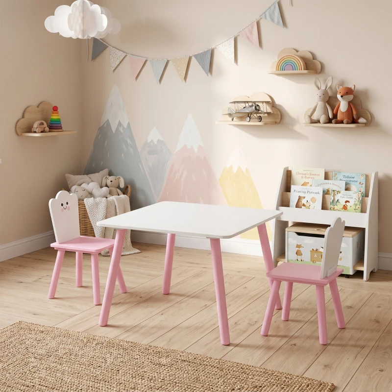 AIYAPLAY Table enfant avec chaise, ensemble table et 2 chaises en bois pour dessiner, jouer, étudier, rose