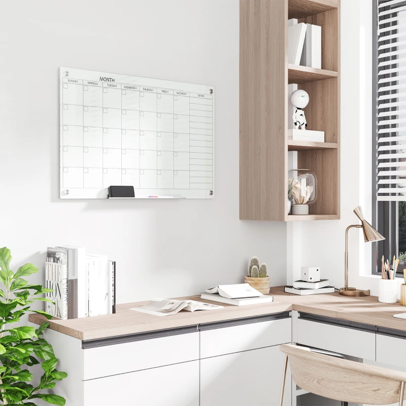 Vinsetto Quadro Branco Calendário 90x60 cm Calendário de Parede com Prateleira para Canetas Apagável a Seco Planeador Semanal com 4 Canetas Apagador Calendário Mensal para Escritório Escola Cozinha Casa