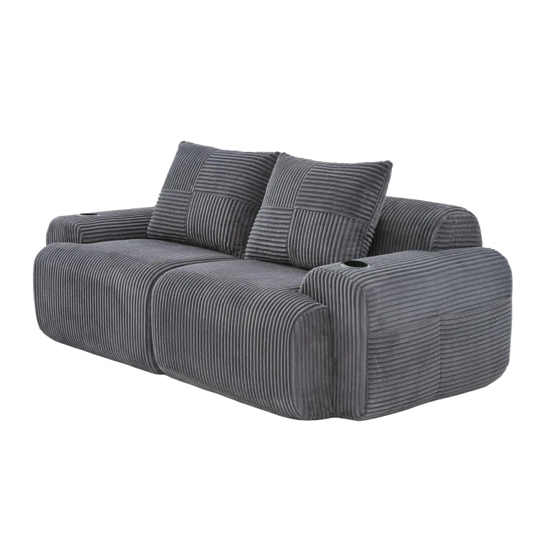 Modular 2-Seater Sofa with Built-In Cup Holder and Side Storage Pocket, Ribbed Corduroy Couch with High-Density Foam, 200L x 99W x 80H cm, Dark Gray
