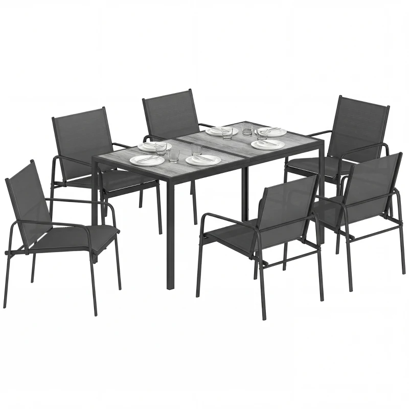 Outsunny Gartenmöbel Set Sitzgruppe 150 x 80cm Tisch mit 6 Atmungsaktiven Stühlen Holzoptik Stahlrahmen Schwarz