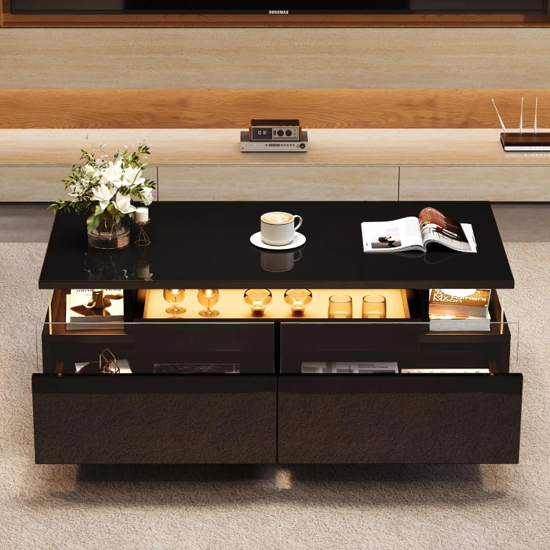 High-Gloss 3-Tier Coffee Table with Removable Tray, Sturdy Center Table with App-Controlled LED Lights, 90L x 45W x 35.5H cm, Black