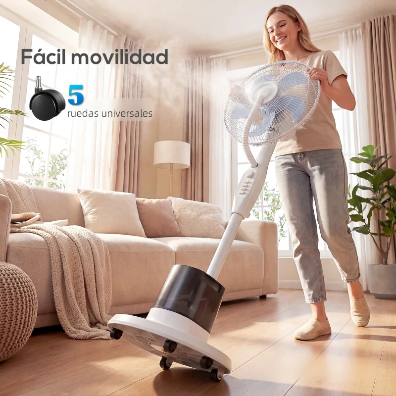 HOMCOM Ventilador Nebulizador 90W Oscilación de 70° 3 Velocidades 5 Aspas Depósito de Agua de 3,5L 5 Ruedas Blanco