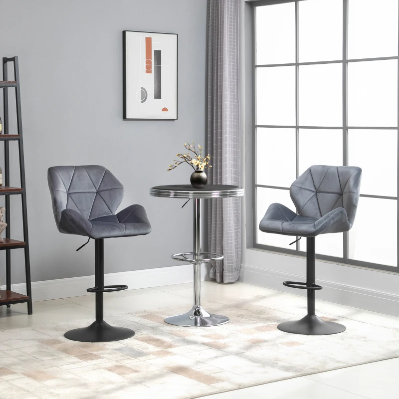 HOMCOM Barhocker 2er Set, Gepolstert Barstuhl mit Metallgestell, Lehne, Samtoptik, Höhenverstellbar 360° Drehbar