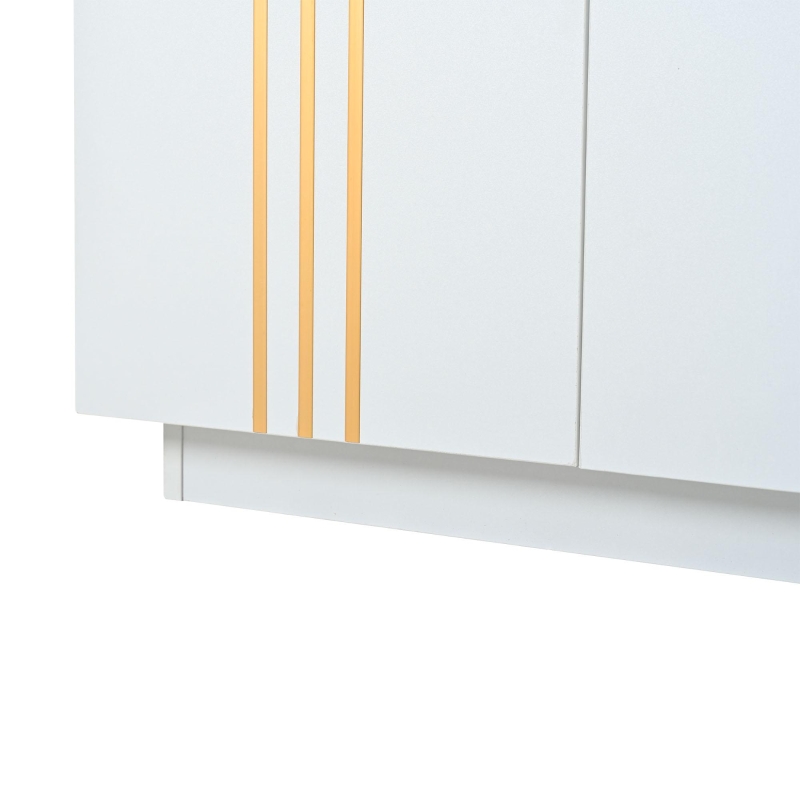 Living Room Sideboard with Elegant Metallic Vertical Lines, Freestanding Storage Cabinet with 4 Doors, 140L x 35W x 70H cm, White