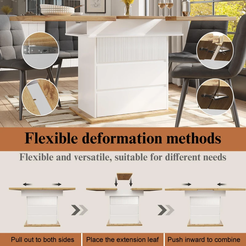 Extendable Dining Table with Hidden Storage, Modern Extension Table with Magnetic Soft-Close, 140L x 80W x 75H cm, White