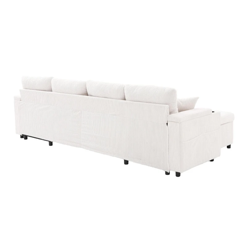 Contemporary 4-Seater Sofa with 2 Chaise Longues, Ribbed Corduroy Couch with Built-In Cup Holders, 272L x 136W x 86H cm, Beige