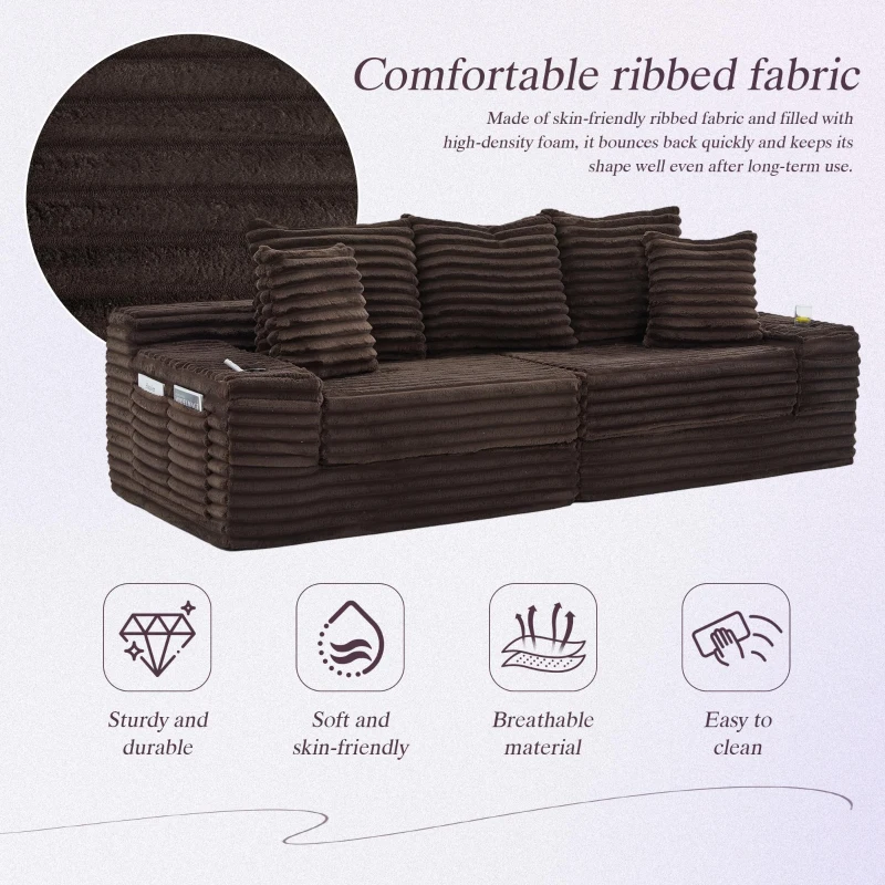 Convertible Sofa Bed with High Backrest and Extra Pillow, Ribbed Corduroy Couch with Dual Side Pockets, 107.5L x 38.5W x 34H cm, Coffee