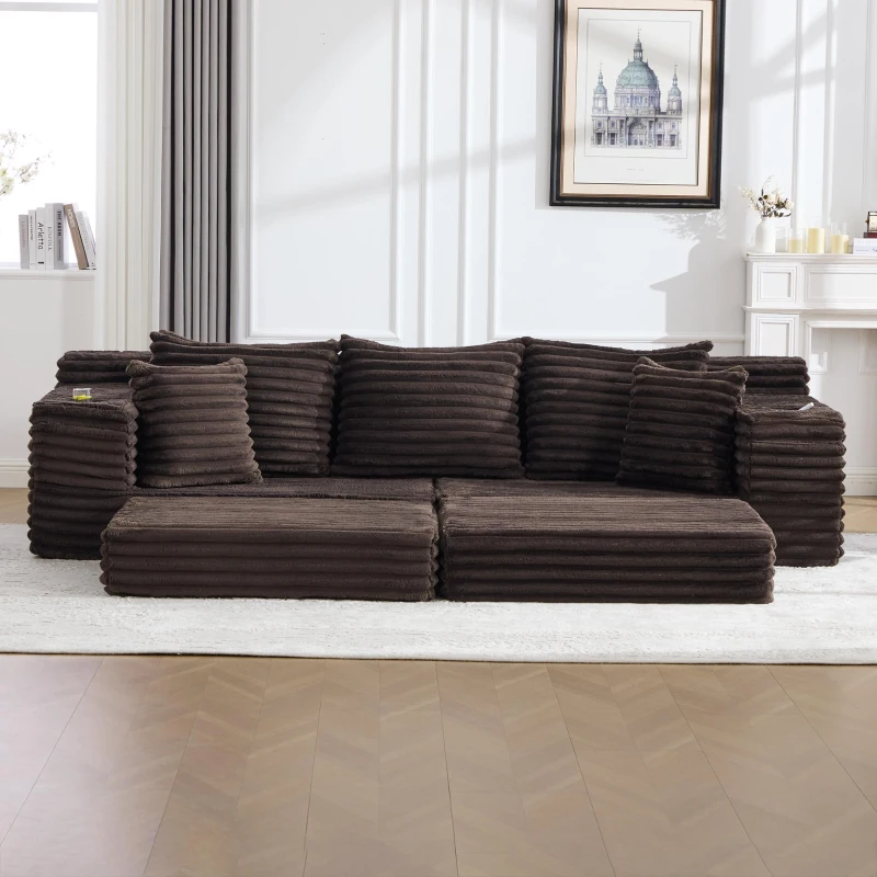 Convertible Sofa Bed with High Backrest and Extra Pillow, Ribbed Corduroy Couch with Dual Side Pockets, 107.5L x 38.5W x 34H cm, Coffee