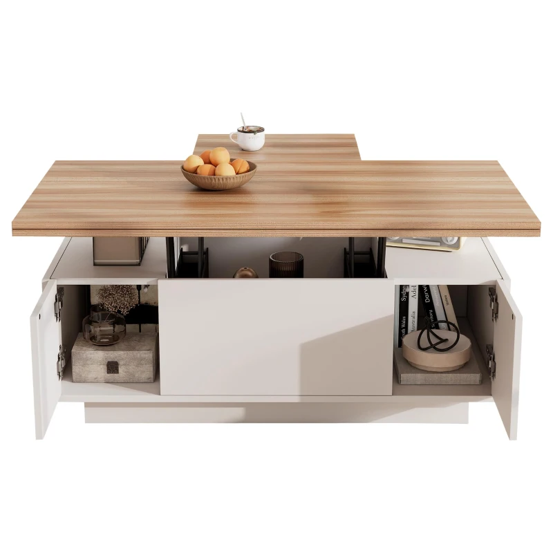 Lift-up Coffee Table with Hidden Storage and Dual Liftable Tops, Space-saving Centre Table for Dining, 100L x 50W x 55.5H cm, White+Natural