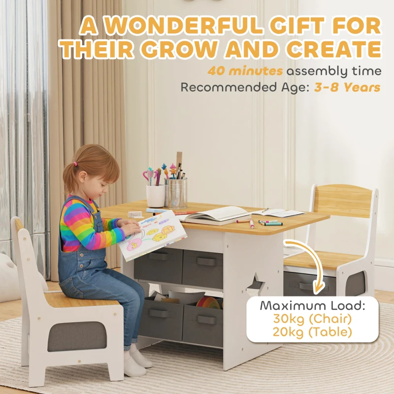 AIYAPLAY Kids Table and Chair Set, Toddler Table and 2 Chairs Set with 6 Removable Drawers, for Boys Girls Ages 3-8, Natural